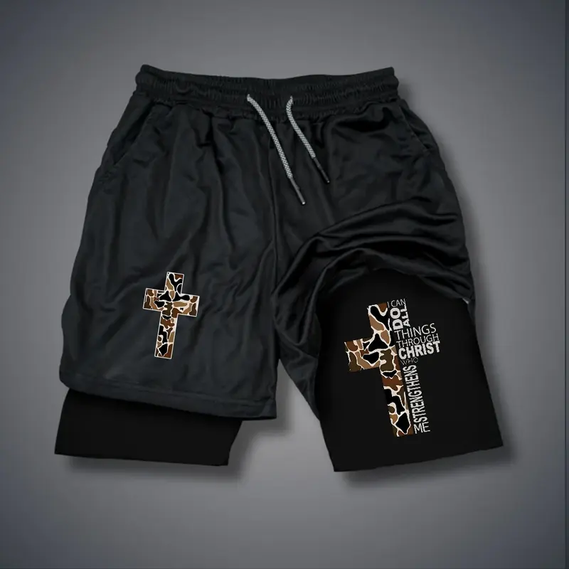 Christian Clothing Double-Layer Sports Shorts Graphic Shorts Black Shorts Camo Shorts Streetwear Shorts Men Outfits Men Short Shorts Vacation Outfits Shorts