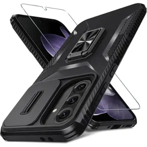 Compatible with Samsung Galaxy A36/A56 5G Case with Slide Camera Cover+Screen Protector+Metal Rotated Kickstand,Tough Hybrid Heavy Duty Shockproof Protective Phone Cover,2025 Black
