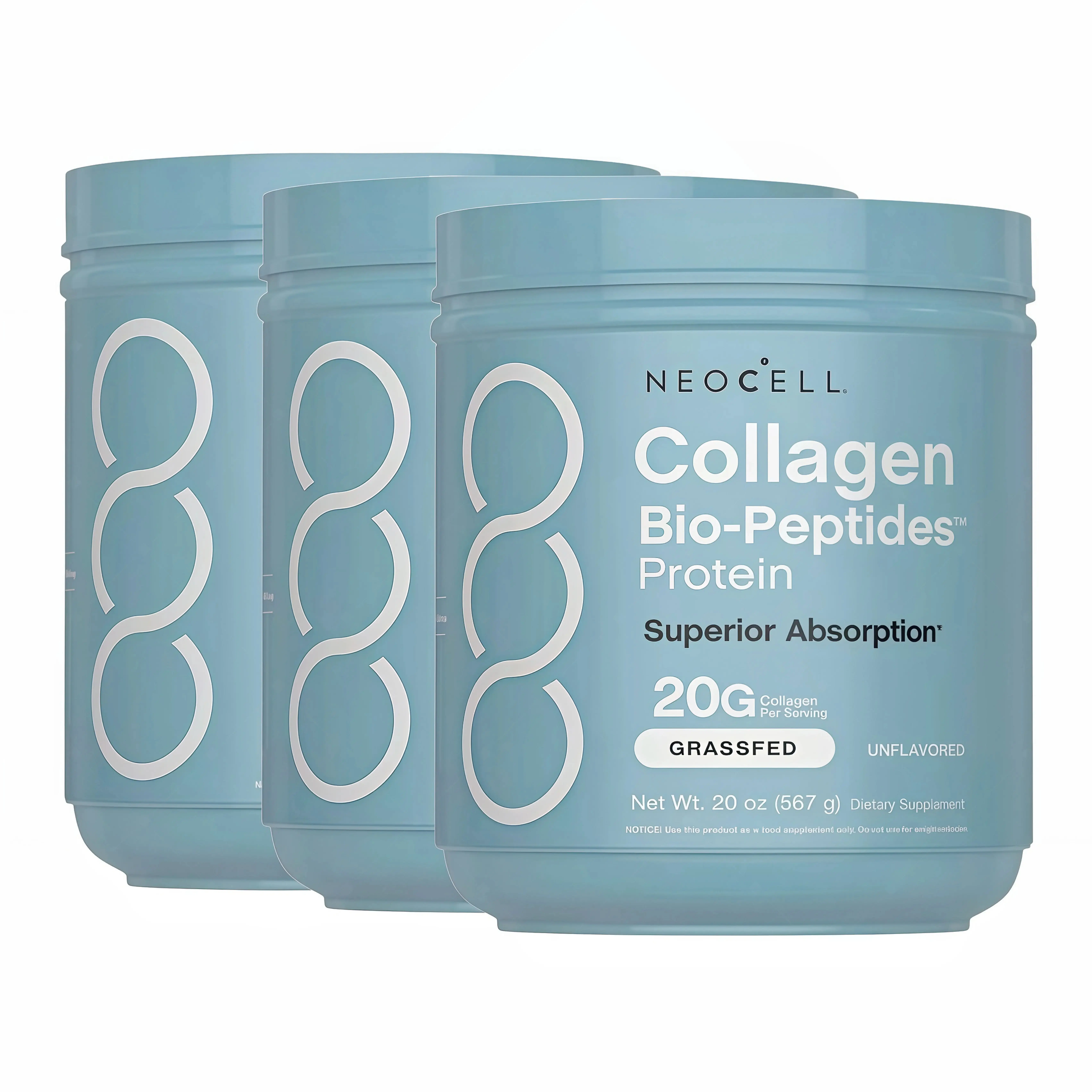 3x NeoCell Collagen Bio-Peptides Powder 20oz - Grassfed Protein Supplement - Advanced with 18 Essential Amino Acids