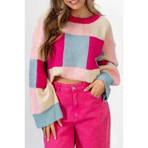 EG fashion rose pink color block cropped sweater