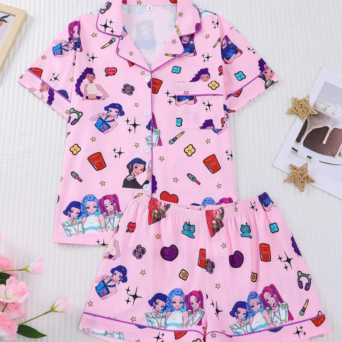2026 Fashionable Casual Women's Pajama Two-Piece Set with Printed Short Sleeves, European and American Children's Homewear Set button long sleeve top
