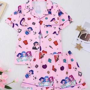 2026 Fashionable Casual Women's Pajama Two-Piece Set with Printed Short Sleeves, European and American Children's Homewear Set button long sleeve top