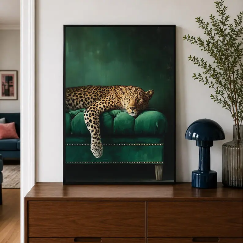 Sleepy Leopard Wall Art, Leopard Print Decor, Safari Artwork, Green Decor, Moody Animal Print