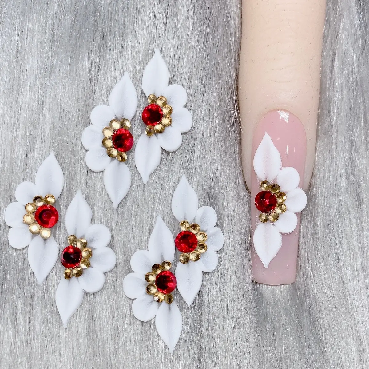 Premade 3D acrylic White flowers Red Gold Bling XL petal nail charms nail art