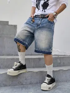 Men's Summer Vintage Washed Blue Gradient Denim Shorts, Loose-Fitting Mid Waist, Casual Zipper Fly, Plain Pattern, Versatile Five-Quarter Pants