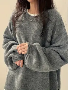 Women's Drop Shoulder Split Hem Sweater, Casual Long Sleeve Round Neck Jumper, Women's Knitwear Top for Fall & Winter, Sweaters for Women
