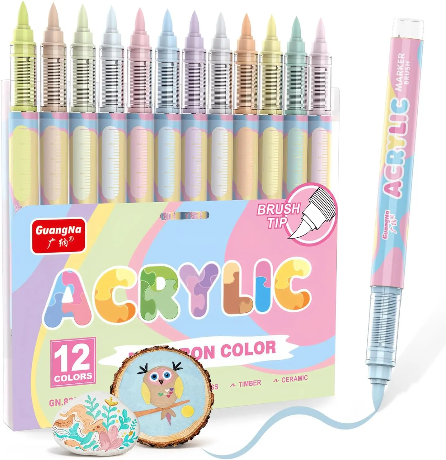 12 Colors Acrylic Paint Markers – Soft Pastel Brush-Tip Pens for Journaling, Rock, Wood, Glass & Canvas Art (Water-Based, Quick-Dry)