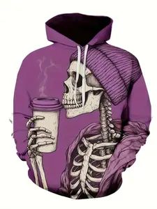 Men's 3D Skull Print Hoodie, Casual Polyester Sweatshirt, Menswear, Slight Stretch, Regular Fit, Knit Fabric, Perfect for Halloween