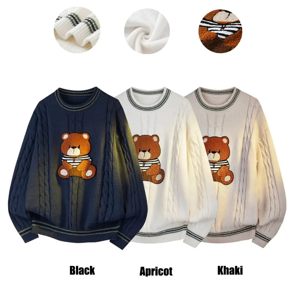 Men’s crewneck cable-knit sweater in a retro playful style, featuring a relaxed drop-shoulder pullover design and intricate cable-knit texture. Cute bear appliqué pattern, contrast striped ribbed details at the neckline and hem, suitable for campus life,