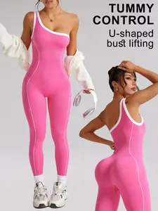 Women's Seamless High Elastic Yoga Jumpsuit, Colorblock Asymmetrical Shoulder, Sporty Fitness All Seasons, Slimming and Energizing, Workout Jumpsuits, Sportswear Jumpsuits