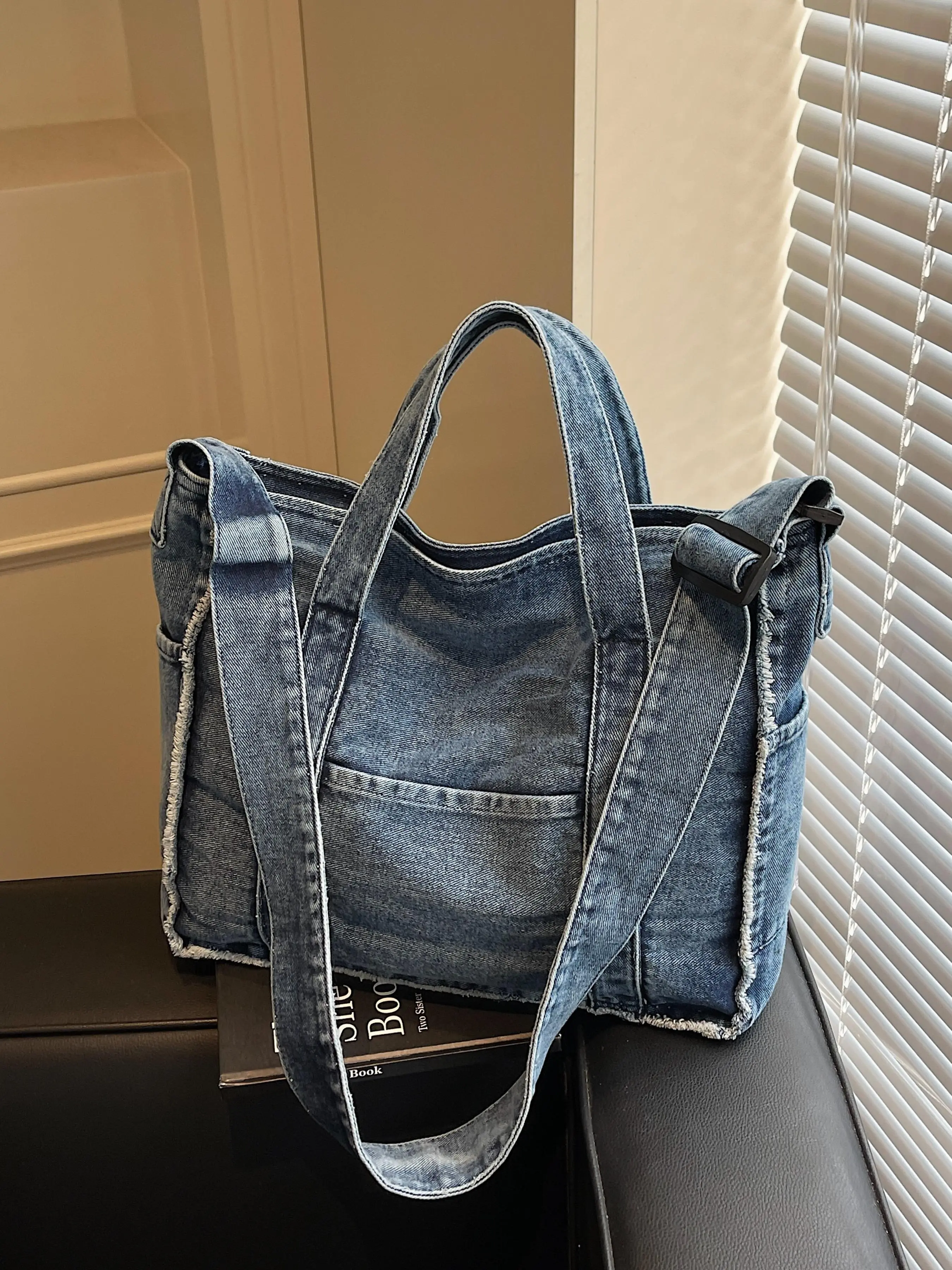 Women's Fashionable Vintage Denim Design Tote Bag, Casual Versatile Shoulder Bag for Daily Used, Trendy All-match Bag for Commuters and Students, Denim Shoulder Satchel, Tote Shoulder Bags, Casual Shoulder Purse