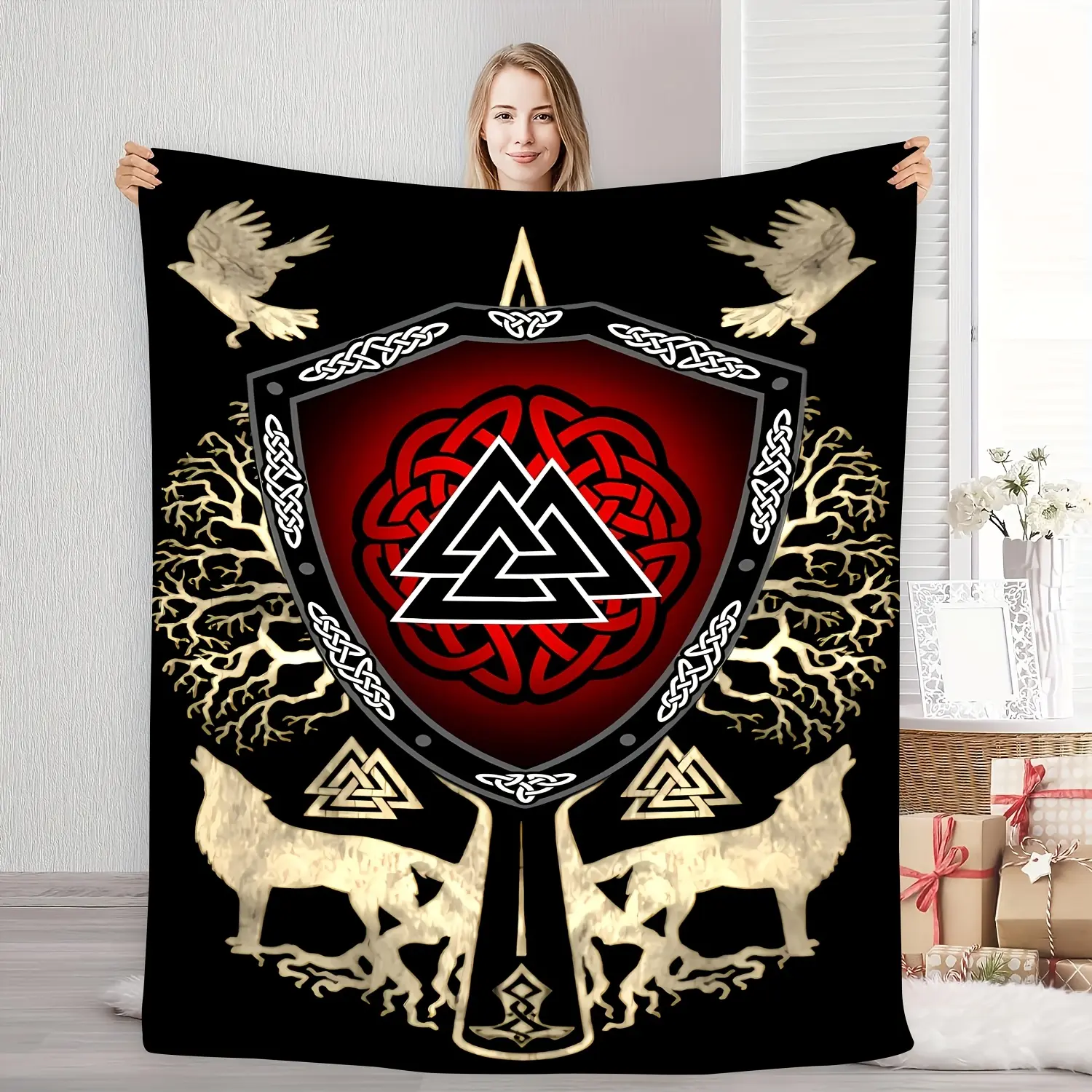 Comfortable Viking Valhalla Flannel Blanket - Nordic Mythology Design, featuring Celtic knots, the Tree of Life, and beasts - Soft, warm, perfect for home decor, camping, travel, or as a gift, travel blanket | Vibrant throw blanket | Comfortable and warm