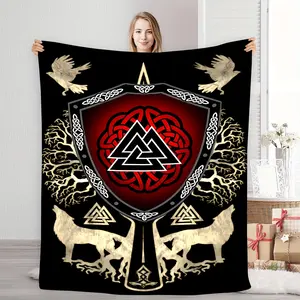 Comfortable Viking Valhalla Flannel Blanket - Nordic Mythology Design, featuring Celtic knots, the Tree of Life, and beasts - Soft, warm, perfect for home decor, camping, travel, or as a gift, travel blanket | Vibrant throw blanket | Comfortable and warm