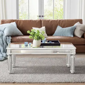 Modern Mirrored Coffee Table for Living Room Luxury Cocktail Center Table with Silver Mirror Finish Rectangular Small Coffee Table with Vintage Natural Carved Frame and Legs