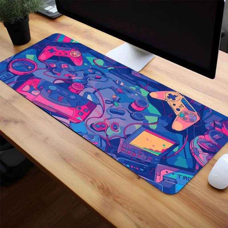 Creative Game Console Pattern Mouse Pad, Rectangle Gaming Mouse Pad, Office Non-slip Rubber Base Stitched Edge Desk Pad for Laptop Desktop