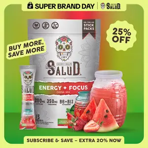 Salud 2-in-1 [Energy + Focus – Fresandía | Strawberry Watermelon] Clean Energy Drink Mix, Agua Fresca, Organic Caffeine, B6 & B12, L-Theanine, Drink Packets, Non-GMO, Gluten Free, Vegan, Low Calorie, 1g Sugar (15 Servings)
