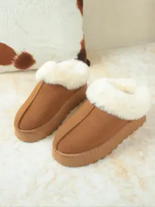 Women's Braided Leather Outdoor Suede Slippers, Mini Platform Boots with Fluffy Fur Lining, Short Ankle Boots for Autumn Winter, Slippers Look Like Boots