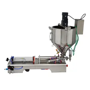 YOKOMA Single Nozzle Pneumatic Paste Liquid Piston Filler with Mixing& Heating Hopper Bottle PackSeal 100-1000ml for Toothpaste Cream Oil Chilli Sauce 110V