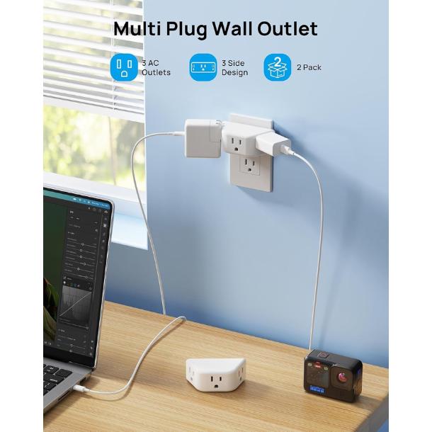 Multi Plug Outlet Extender 2 Pack - Electrical Wall Splitter, 3 Way Angled Wall Outlet Adapter, Cruise Essentials, Small Multiple Plug Expander for Cruise Ship Home Office Dorm Room, White
