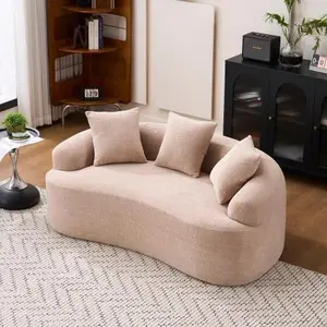 65" Durable Compression Curved Chenille Glam Loveseat Sofa with Fixed Arms, No Assembly Needed, 30D Foam Comfy Couch, 3 Throw Pillows, 65"l×39"w×25"h Warm Beige for Apartments, Office