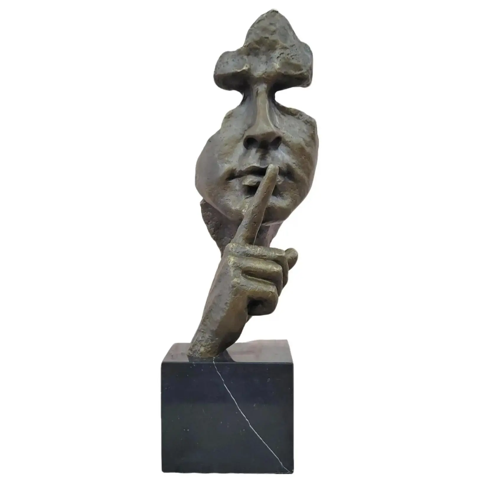 Abstract Dali Bronze Face Sculpture – Silence Shushing Statue on Marble Base