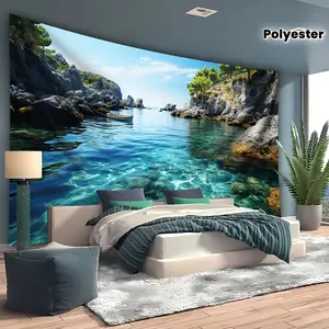 1pc Ultra large size Sea, Mountains, Blue sky Landscape Photo Background Cloth Wall Hanging, Polyester Tapestry for Living Room Bedroom Party Decoration Live streaming background tapestry with Free Hanging Clips Wall Decoration