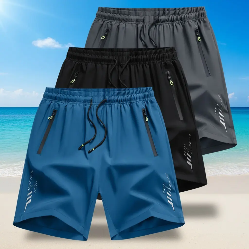 Men’s quick-dry athletic shorts with elastic waistband and drawstring, zippered pockets—ideal for running, workouts, and summer casual wear