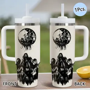 Band S-Sleep T-Token Pattern Vacuum Flasks 40oz Stainless Steel Vacuum Insulated Travel Drinkware Tumbler with Handle & Straw Insulated Cups | Leak-Resistant Travel Mug | Long-Lasting Cold Drinks | Iced Coffee & Water Cup for Office, Gym & Travel