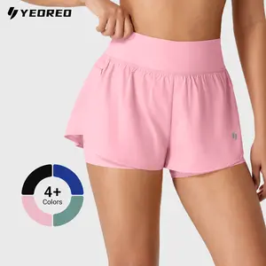 Yeoreo Women's 4-in Super High Waisted 2-in-1 Running Sport Shorts - 2 Zipper Pockets Anti-Chafing Tummy Control Sporty Bottoms for Yoga Gym Workouts Sporty Sports Shorts