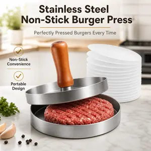 Non-Stick Burger Press with 100 Patty Papers, Effortless Patty Maker for Meat, Beef and Cheese, Ideal for Kitchen, Grill and Barbecue