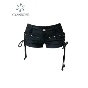 Women's Black Gothic Denim Shorts Vintage Aesthetic Korean Low Waist Jean Shorts Harajuku Y2k Cowboy Short Pants Clothes Summer