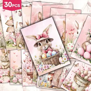 30pcs Pink bunny postcards with stickers, Pastel colors Easter basket, eggs, bunny and Butterfly design for Wall Decor, DIY Handmade, Crafting, Greeting Cards, Easter gifts and Party Decoration, DIY Card Set, Craft Kits