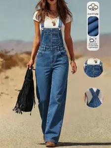 Women's Denim Overall Pants, Adjustable Straps, Pocketed Jumpsuit, Vintage Casual, Elegant Comfort, Street Style, Spring Summer All Seasons