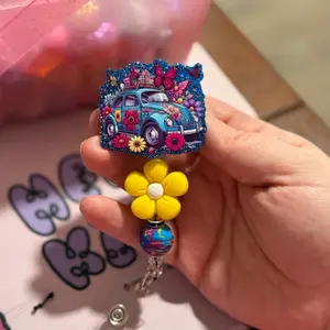 Love Bug Car Badge Reel with Beads Acrylic Flat Back Retractable Design for Easy Access