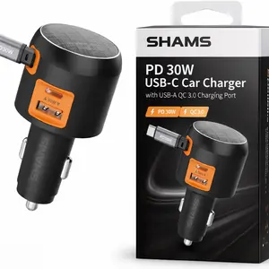 30W PD Retractable Car CharCharger, 3-in-1 USB-C Fast Charging Cigarette Lighter Adapter with Built-In Retractable Cable & USB-A Port- Black/Orange