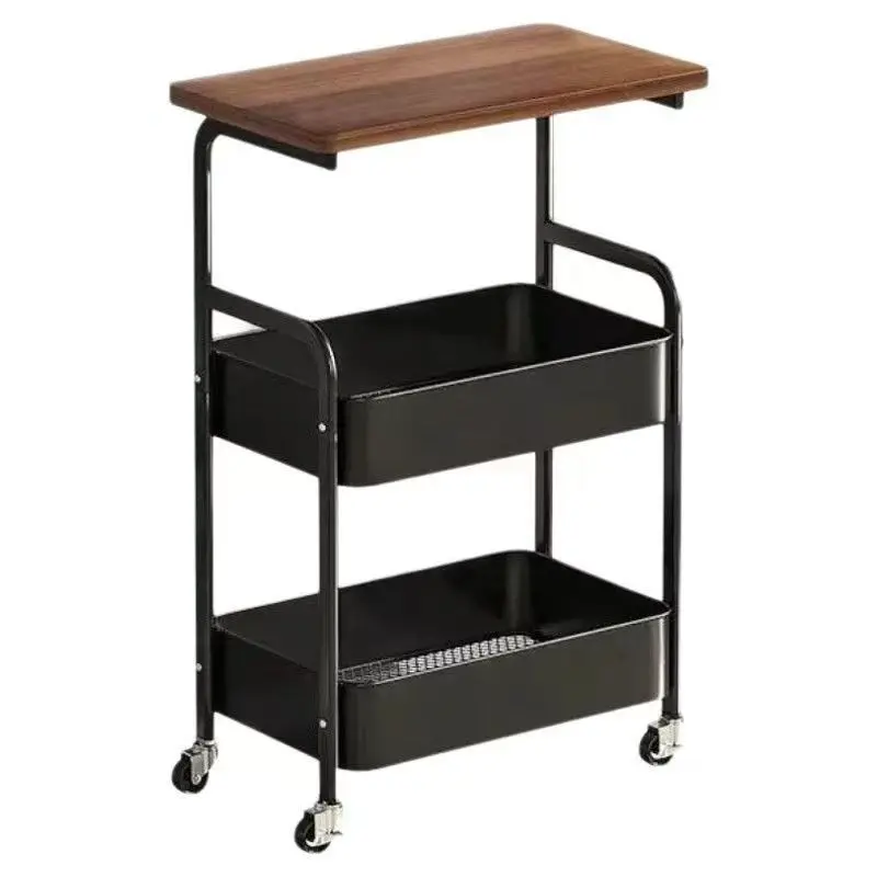 3-Tier Steel Storage Cart with Wooden Table Top, High Capacity Utility Cart Home Organizer Shelf - 16"D x 8"W x 28"H
