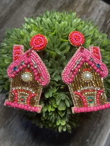 Pink Gingerbread Beaded House Earrings