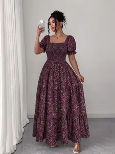 Plus Size French Vintage Floral Dress, Bubble Sleeve Square Neck Long Dress, Elegant Country Style, Perfect for Vacation and Evening Parties, Boho, Print