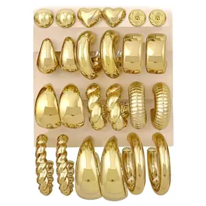 12 Pairs Chunky Gold Hoop Earrings Set – Lightweight Hypoallergenic Stackable Hoops