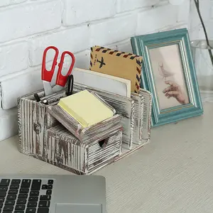 Torched Wood Desktop Office Organizer with Sticky Note Pad Holder, Mail Sorter and Pullout Drawer