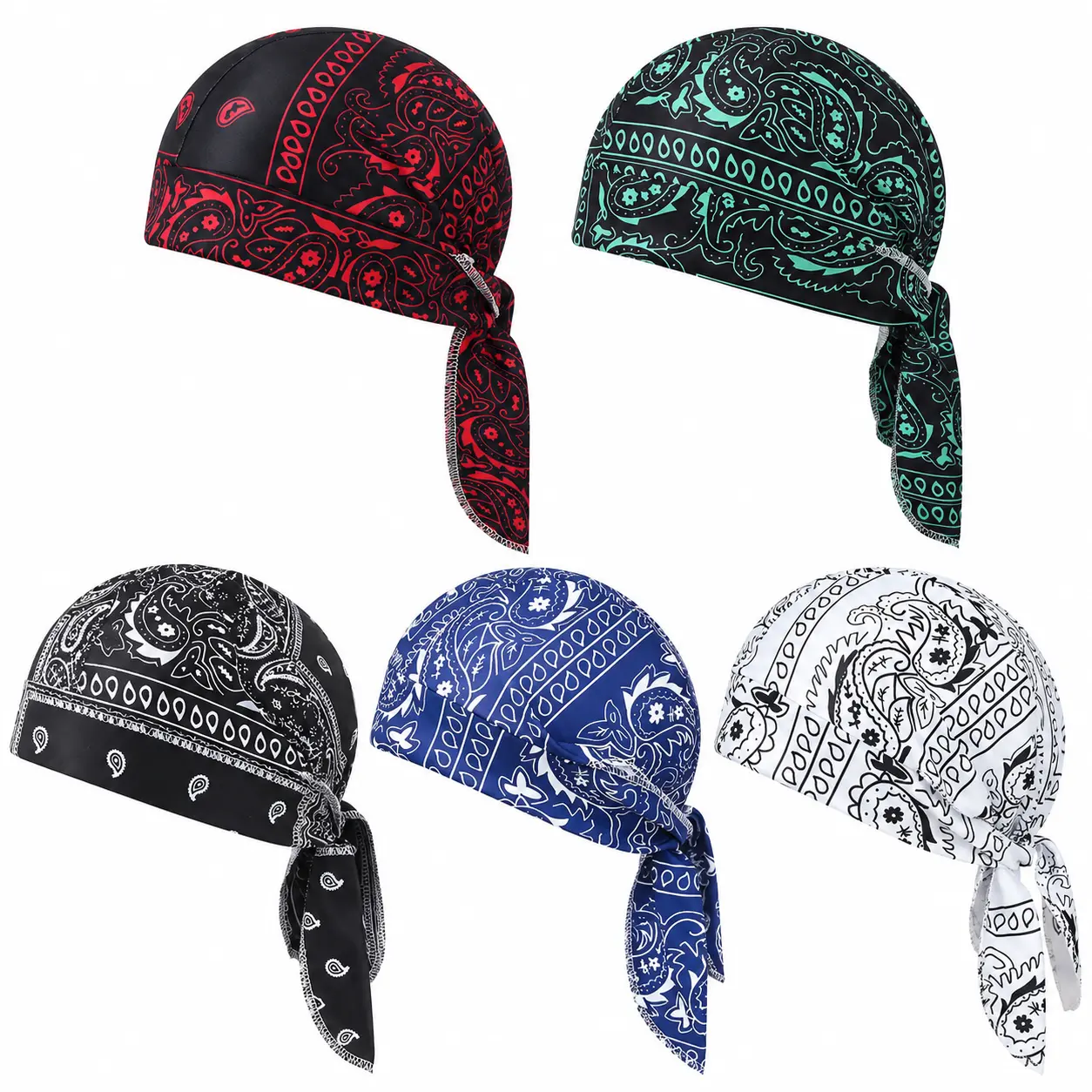 5 Pack Paisley Bandana Headwraps, Unisex Adjustable Tie-Back Skull Caps, Breathable Helmet Liners & Cycling Head Covers for Running, Biking, Sports & Outdoor Use