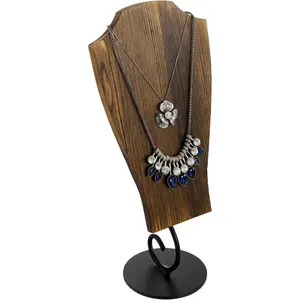 Brown Wood and Black Metal Necklace Stand, Tabletop Jewelry Holder Rack for Home or Retail Display