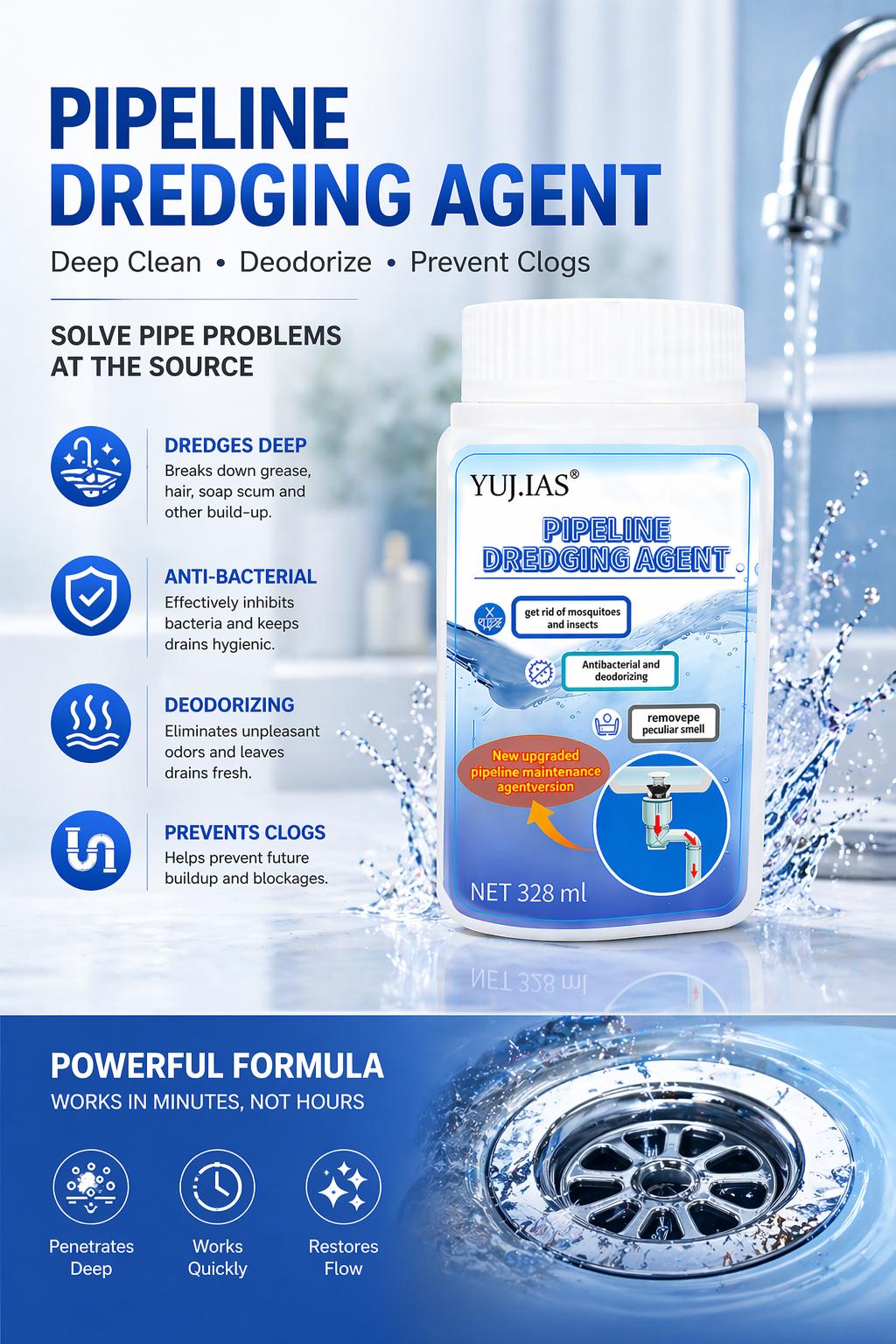 YUJIAS Drain Cleaner for Kitchen Sink, Bathroom & Toilet | Fast-Acting Powder Formula for Odor, Grease & Minor Clogs | 328ml