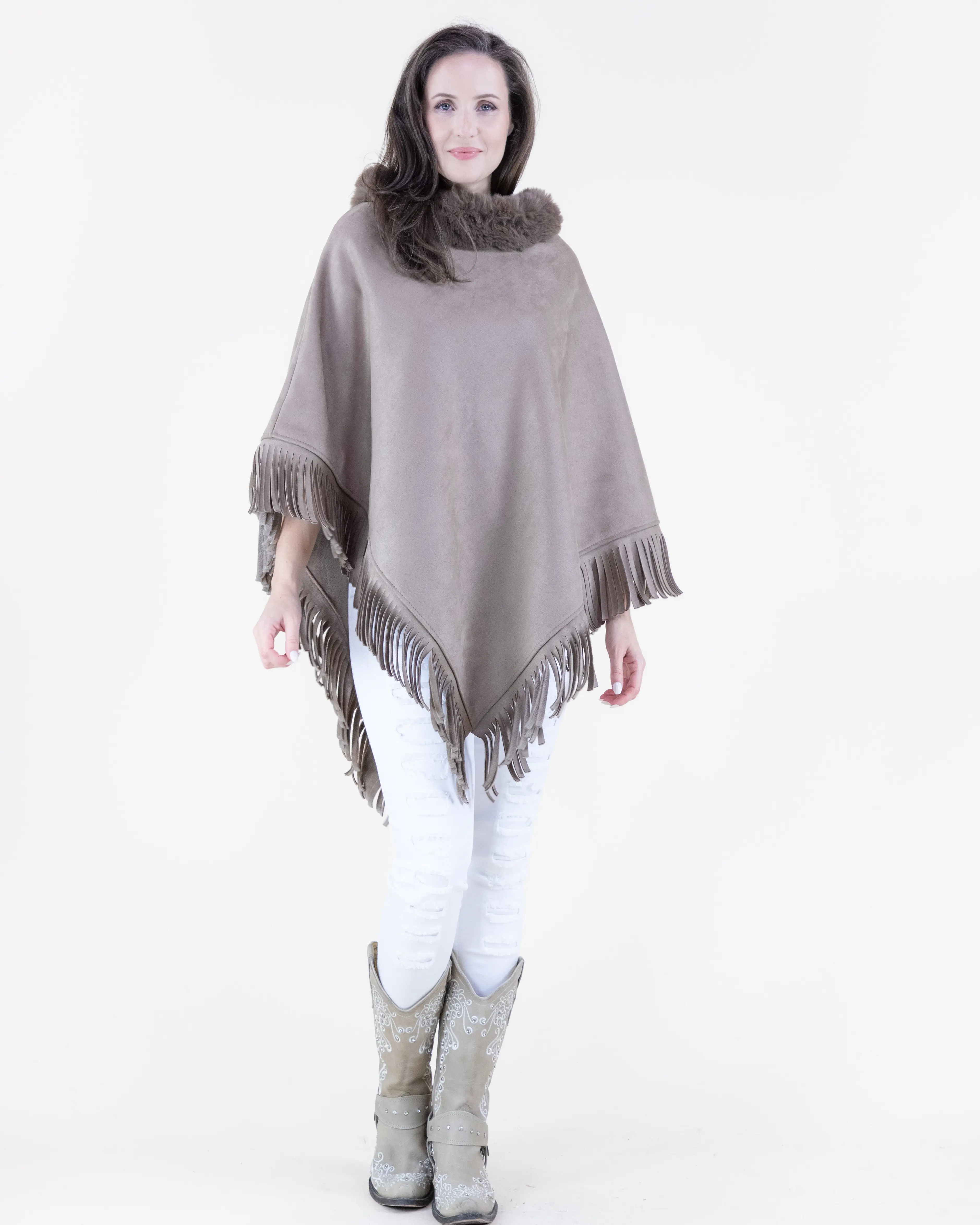 Original USA Women's Western Faux Suede Poncho Cape with Cozy Cowl Neck, Fringe Trim & Tassels - Fall Winter Boho Outerwear, Dry Clean, Clothes, Hand Wash Cold, One Size