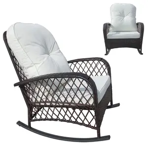 Patio Rocking Chair, Wicker Rocker Armchair with Soft Cushion, Garden Rattan Sofa All-Weather Patio Rocker Chairs Weight Capacity 330lbs - Brown