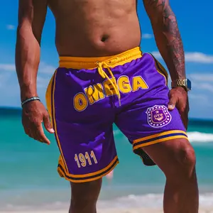 Omega Psi Phi Embroidered Purple Shorts with Gold Stripes