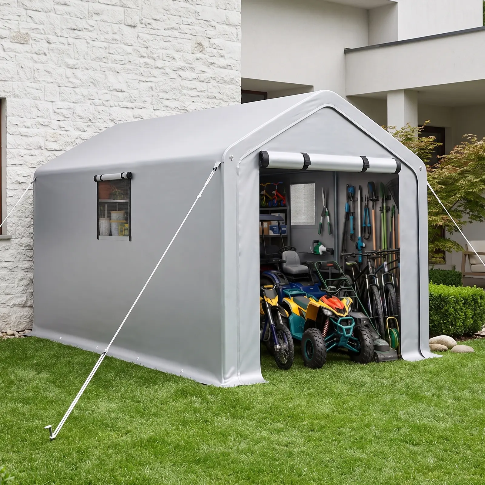 8X10FT Portable Outdoor Storage Shed, Silver Gray 4-Sided Shelter With Roll-Up Door & Dual Roll Mesh Windows, Spray Coated Steel Frame 140G Waterproof PE Fabric Weatherproof Storage Tent For Motorcycle, Garden Tools, Firewood Backyard