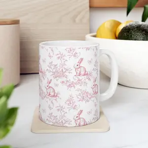 Pink Bunny Toile Vintage Easter Mug, Ceramic Coffee Cup, Easter Gift Mug, Cute Spring Mug, Easter Home Decor