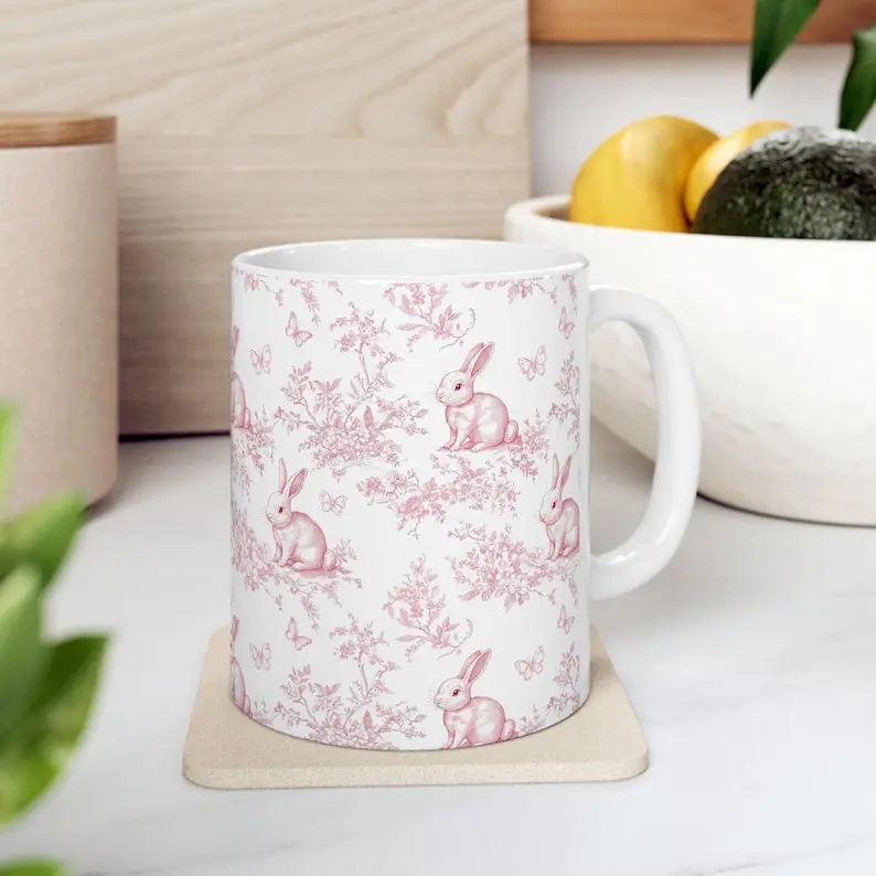 Pink Bunny Toile Vintage Easter Mug, Ceramic Coffee Cup, Easter Gift Mug, Cute Spring Mug, Easter Home Decor