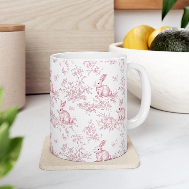 Pink Bunny Toile Vintage Easter Mug, Ceramic Coffee Cup, Easter Gift Mug, Cute Spring Mug, Easter Home Decor